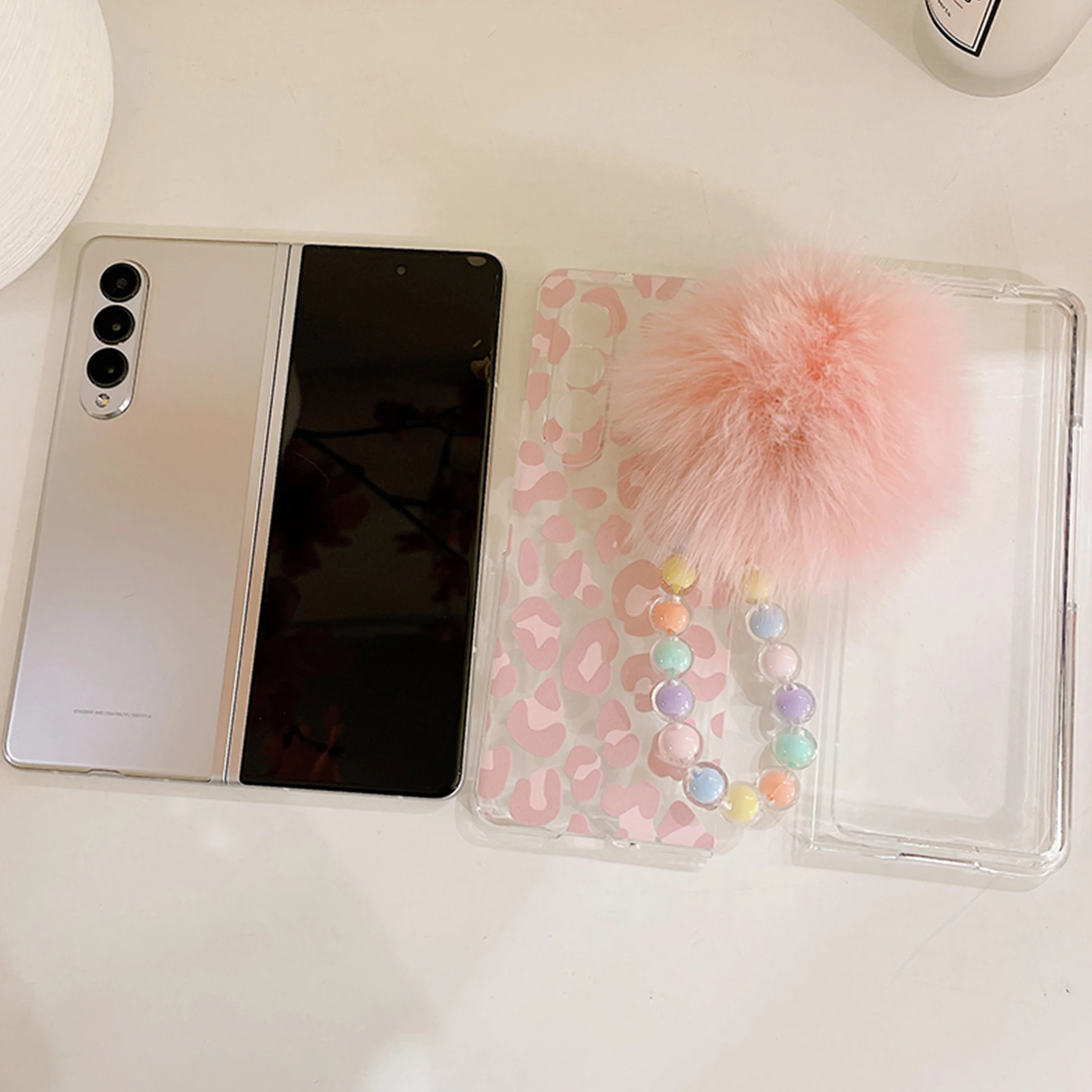 Hoạt Hình Dễ Thương Da Báo Ốp Lưng Dành Cho Samsung Galaxy Samsung Galaxy Z Gấp 3 Viền Chống Sốc Với Vòng Tay Màu Hồng Đáng Yêu Phụ Kiện Ốp Điện Thoại cute samsung phone case