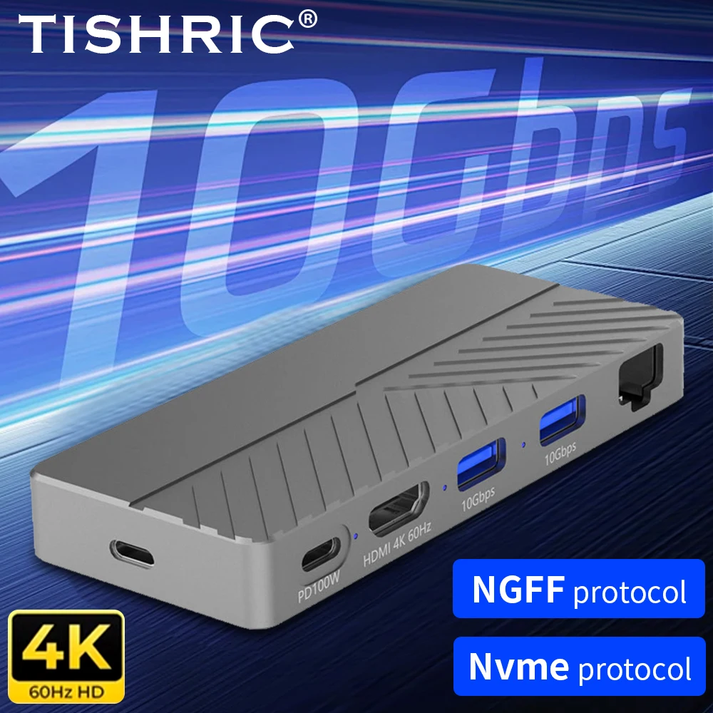 

TISHRIC корпус для жесткого диска 6-в-1 док-станция M.2 NGFF/NVME двойной протокол hd чехол Поддерживает обратную зарядку, интерфейс HDMI