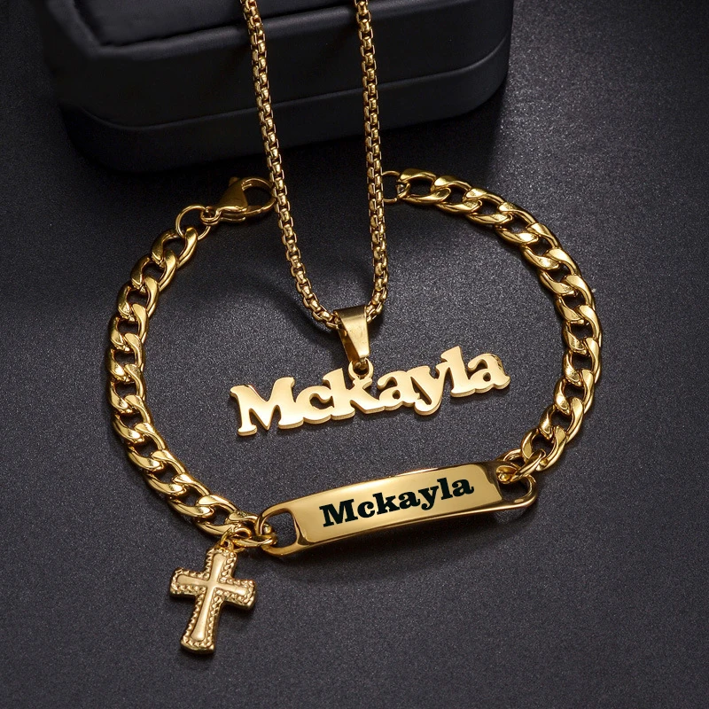 

HIYONG Personalized Customized Name Necklace Bracelet Jewelry Set for Women Cross Pendant Stainless Steel Jewelry Gift