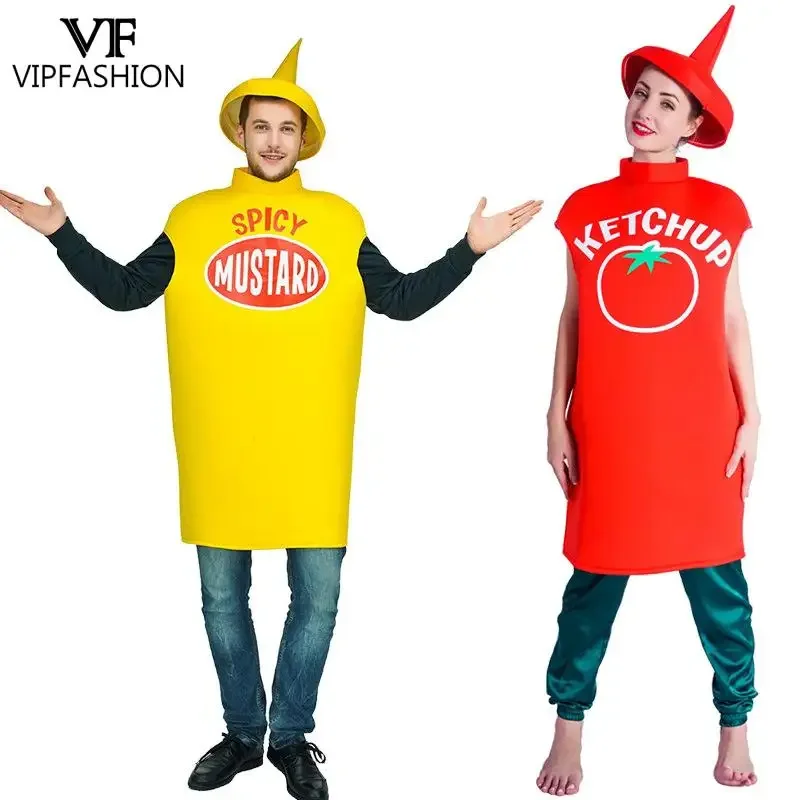 

VIPFASHION Couple Cosplay Costume Spicy Mustard Ketchup Halloween Suit Funny Party Outfit with Hat Woman Man Holiday Clothes