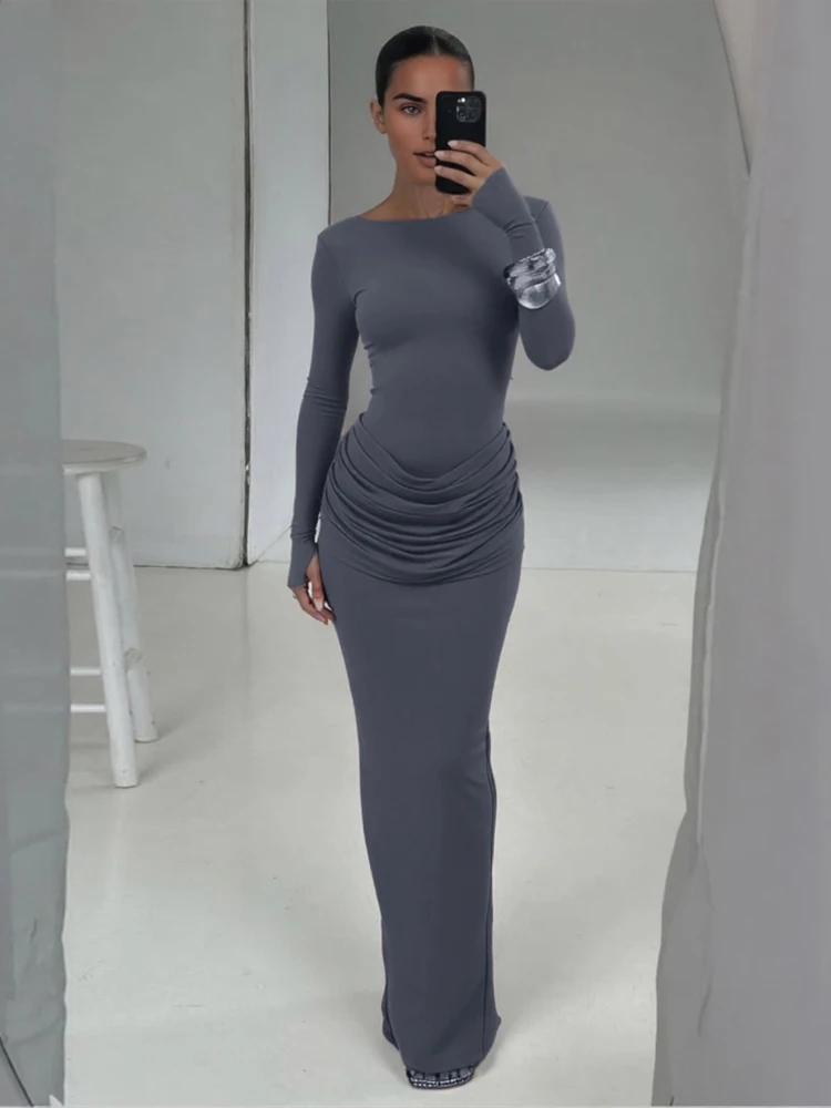 Nibber Casual Ruched Elegant Long Dresses Woman Autumn Style Classic o-Neck Full Sleeve Skinny High Waist Robe Basic Vestidos