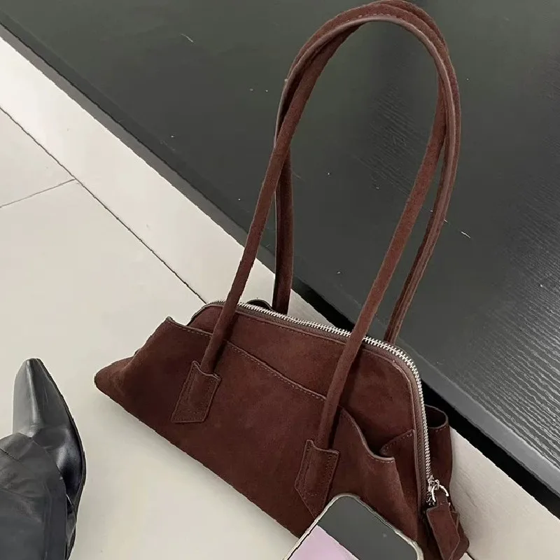 Designer Casual Winter Matte Coffee Camel Grey Large Tote Suede Leather Women Handbag Nubuck Commuter Office Shoulder Bag