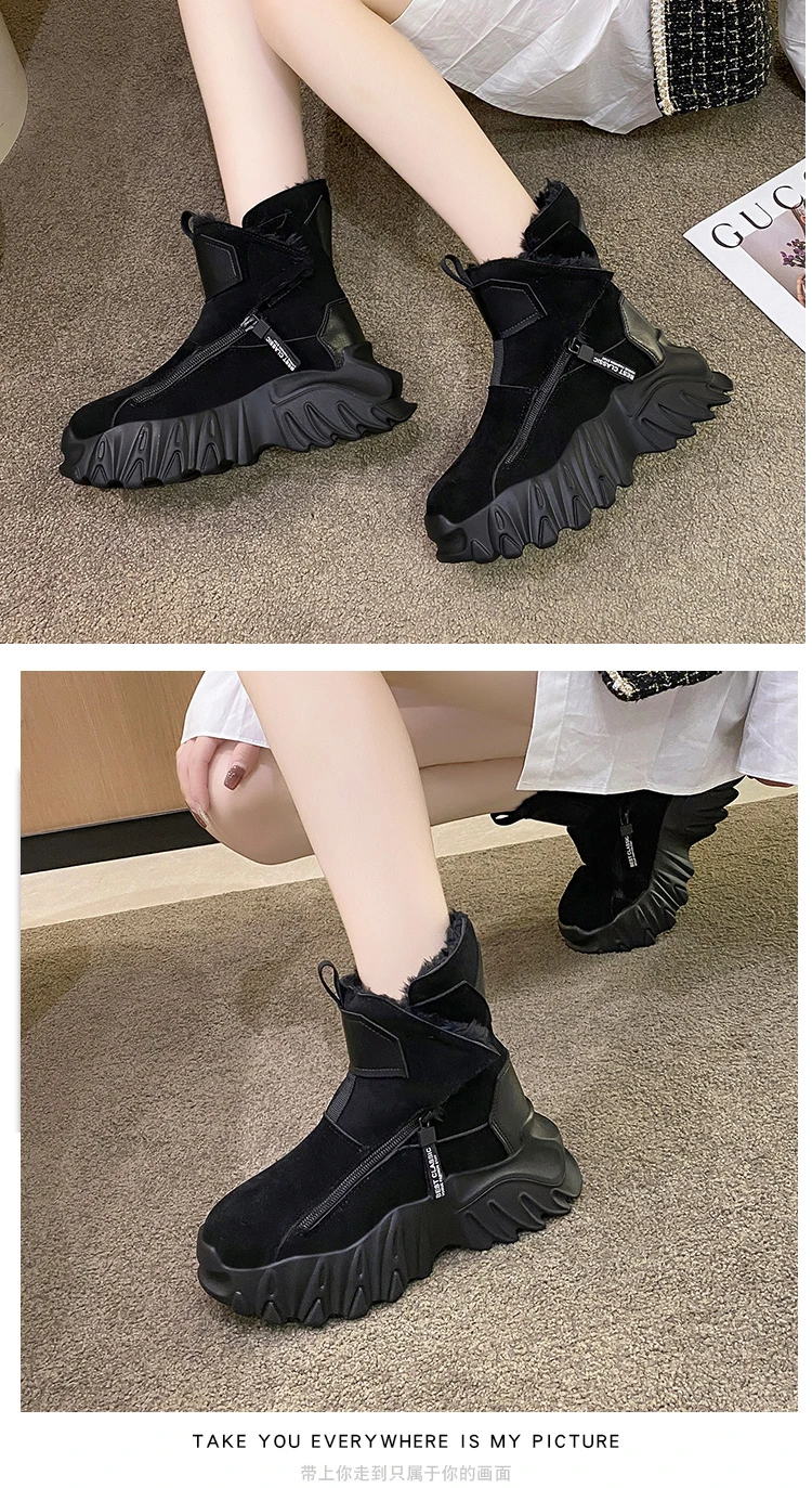 Women's Plush Black Suede Leather Platform Ankle Boots - true deals club
