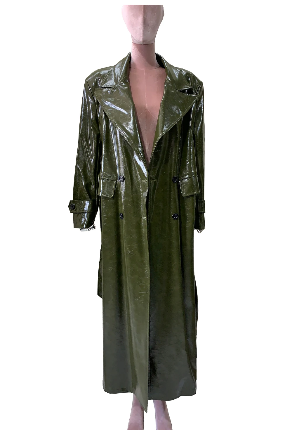 Spring Autumn Loose Extra Long Shiny Patent Faux Leather Trench Coat for Women Peaked Lapel Sahes Double Breasted Overcoat 2026