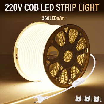 COB LED 스트립 360LED/M 고휘도 EU 플러그 220V CRI RA90 방수 야외 정원 FOB LED 테이프 침실 주방 조명용