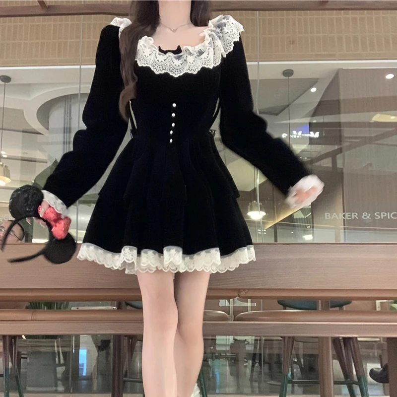 Vestido Y2K para mujer, ropa estética, con encaje, escote redondo, manga larga, corte A, minivestido de terciopelo, vestidos de fiesta, ropa de calle