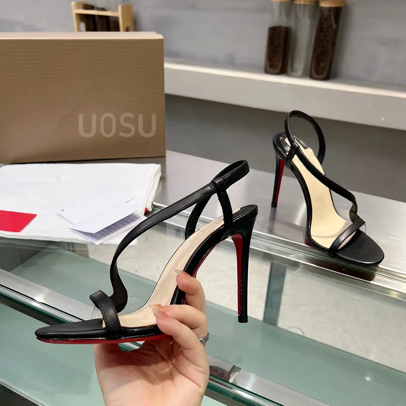 디자이너 여성 샌들, 디자이너 브랜드 정품 가죽 S 스트랩, 울트라 하이 스틸레토 힐, 가죽 레드 솔 원피스 슈즈, 10.5cm 