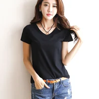 2024 Short T-Shirts Summer Women's Short Sleeve Round Neck Casual Blouse Shirts Solid Color Tops  Black / White - Image 2