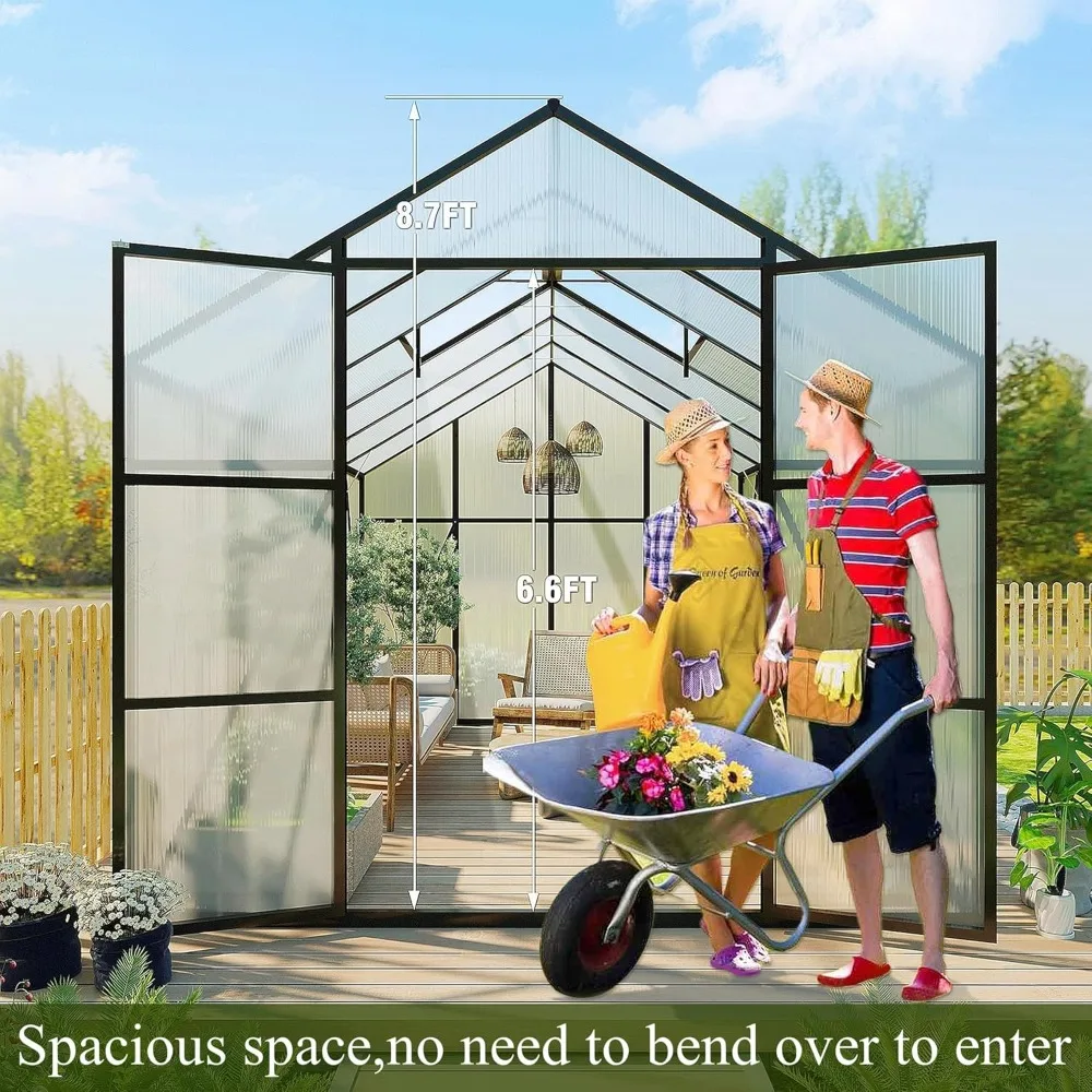 Polycarbonate greenhouse with stronger wind resistance and roof ventilation, walk-in large aluminum sunroom greenhouse 2