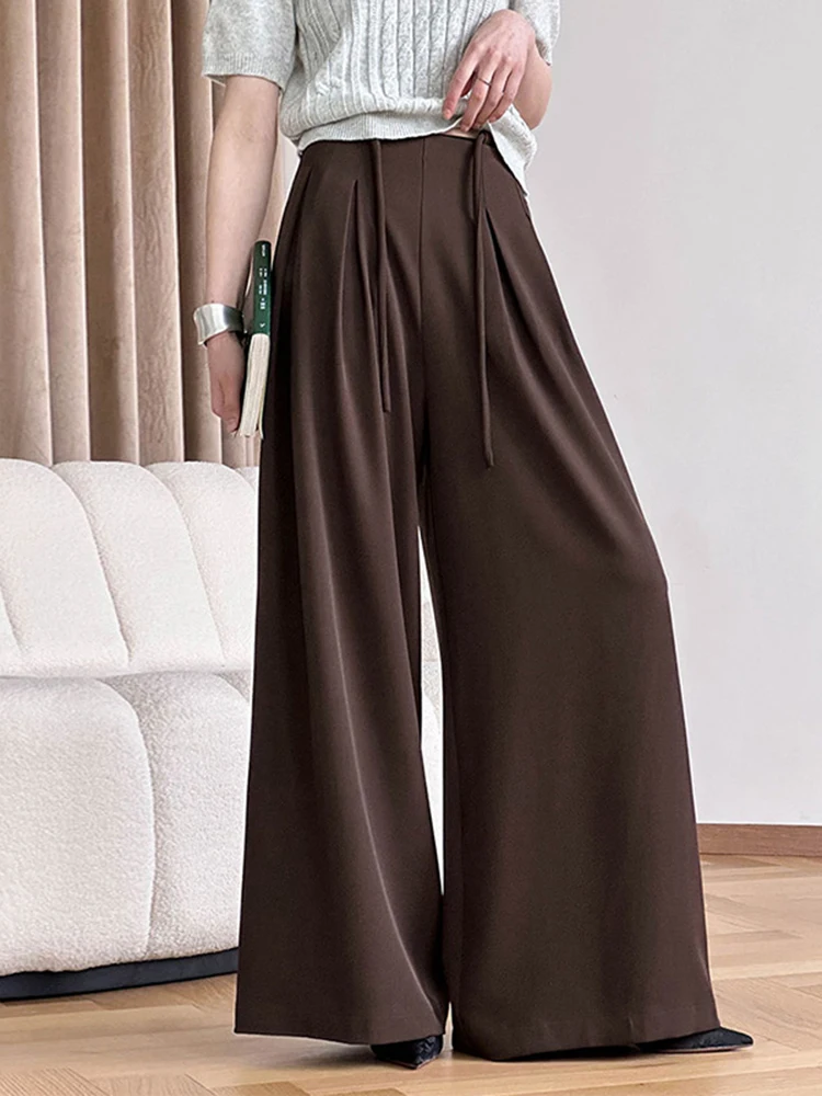 [LANMREM] Drawstring Pleated Pants For Women High Waist Wide Leg Suits Trousers Office Lady Clothes 2024 Summer New 26D8845