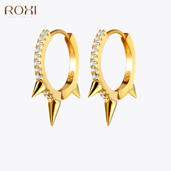 ROXI 100% 925 스털링 실버 펑크 리벳 작은 오픈 후프 귀걸이 큐빅 지르코니아 스파이크 귀걸이 여성 패션 쥬얼리 선물