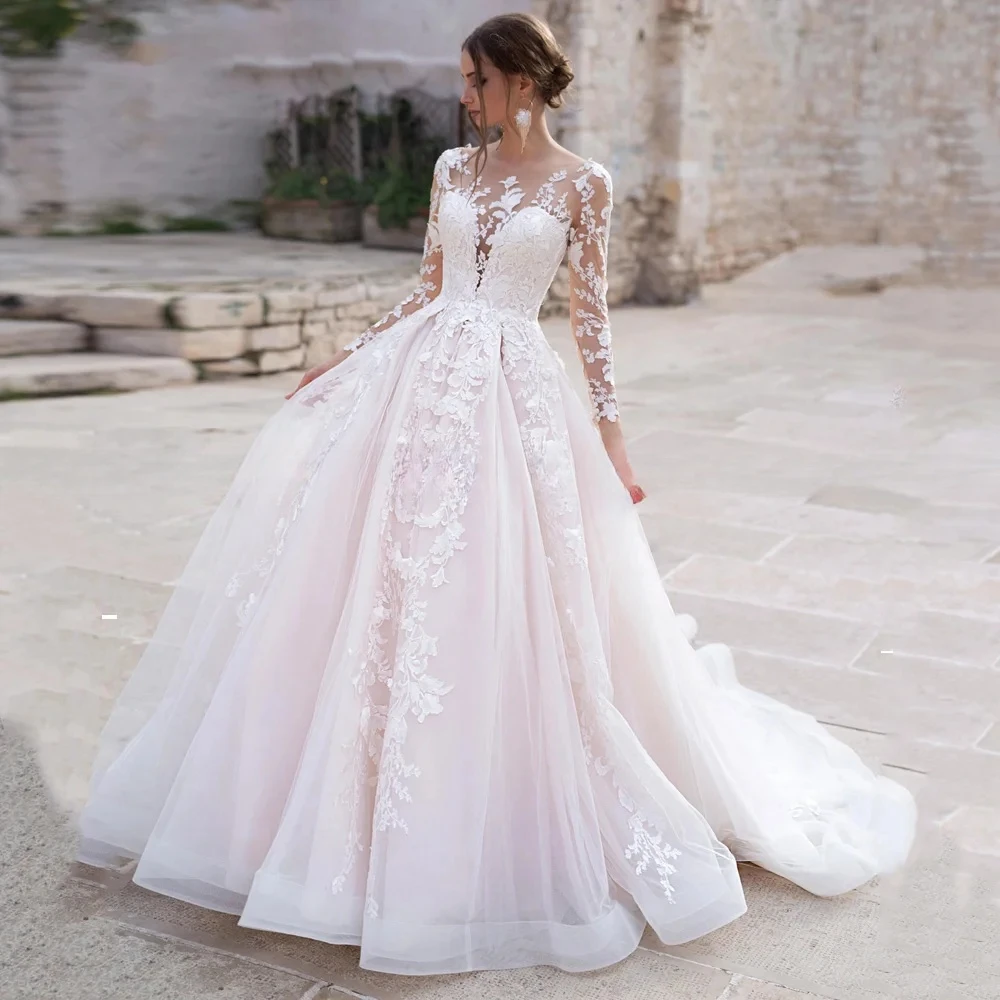 

Long Sleeves Scoop Lace Vestido De Noiva Romantic Ball Gown Wedding Dress Appliques Vestidos De Novia