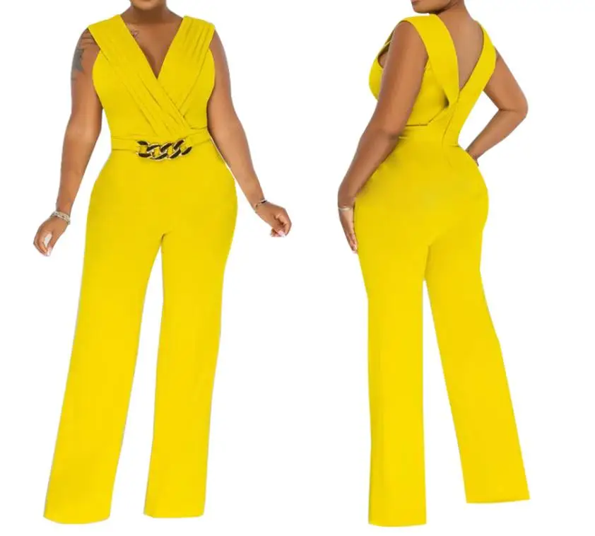 ElegantWomensJumpsuit2023SummerFashionSolidColorCasualVNeck