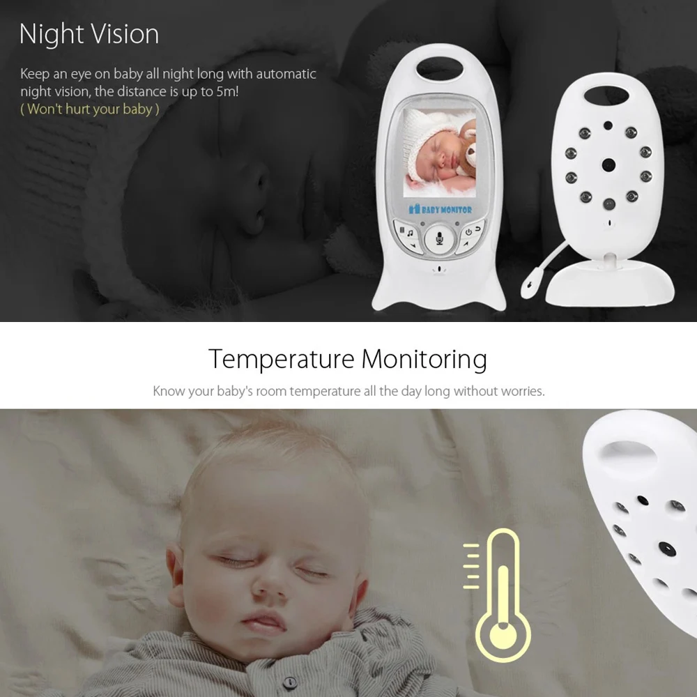 Video Baby Monitor with Camera and Audio Remote Wide View 2&rdquo; Display Two Way Audio Talk Infrared Night Vision 8 Lullabies