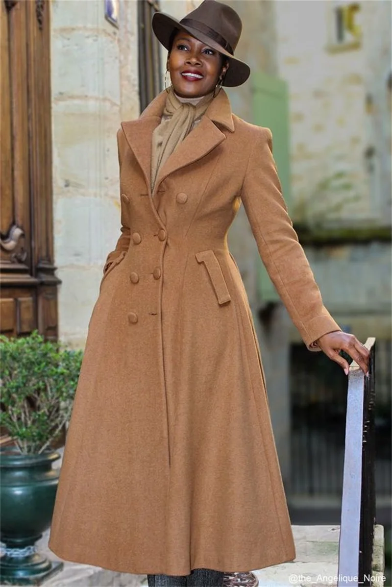 

Camel Women Suits Blazer Wool Long Overcoat Formal Winter Thick Cashmere Double Breasted Tailored Jacket Prom Dress Trench Coat