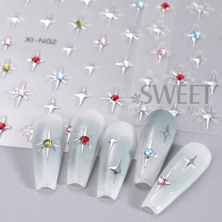 5D Embossed Metal Silver Stars Nail Stickers Mixed Color Resin Rhinestone Chain Pearl y2k Style Engraved Holographic Decoration