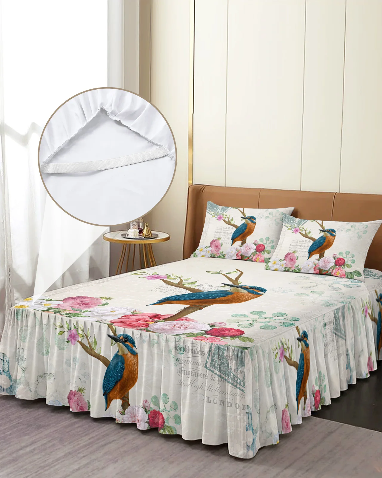 

Vintage Flowers And Birds Bed Skirt Elastic Fitted Bedspread With Pillowcases Bed Protector Mattress Cover Bedding Set Bed Sheet