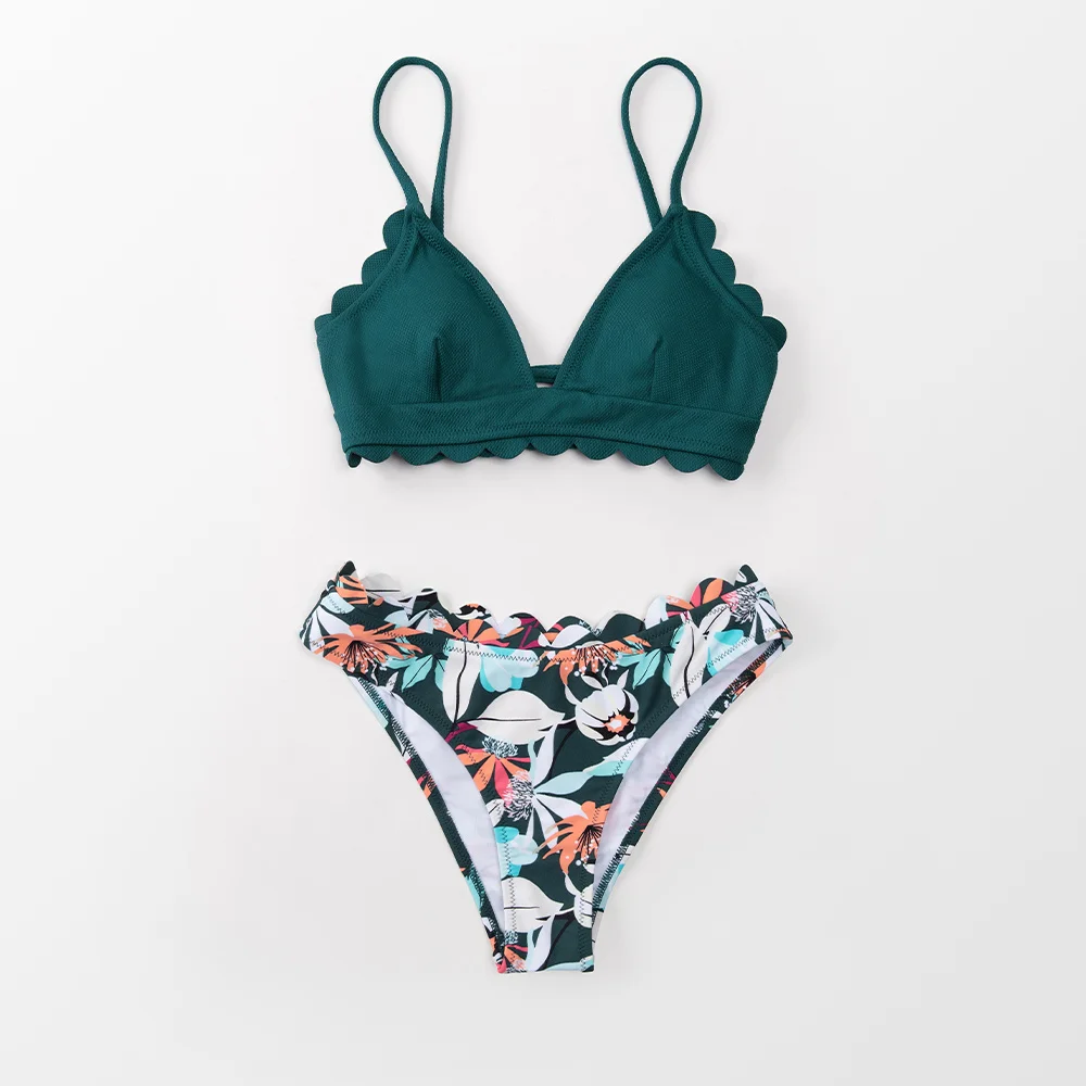 CUPSHE Nette Green Floral Scalloped Bikini Sets Frauen Sexy Solide Low-taille Zwei Stück Badeanzug 2023 Strand Badeanzüge bademode