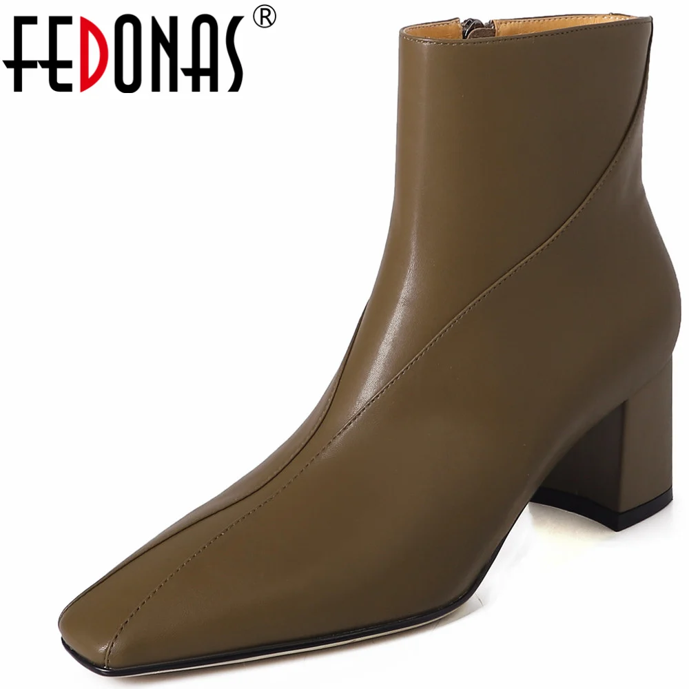

FEDONAS Mature Thick High Heels Women Ankle Boots Square Toe Office Lady Shoes Woman 2023 Autumn Winter Genuine Leather Basic