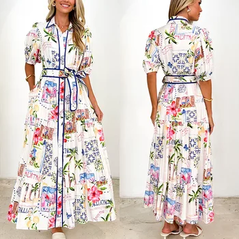 Women's Cotton Linen Dress Fashion Floral Print Short Sleeve Tie Waist Casual Daily Dress 1