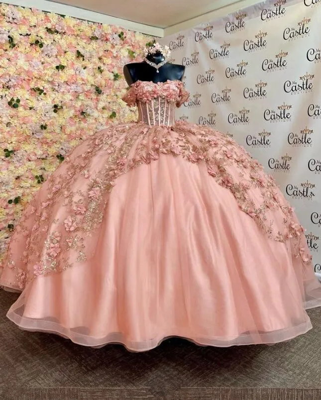 

Blush Pink Puffy Princess Quinceanera Dresses 2023 Off Shoulder 3D Floral Gillter Sequins Lace-up Corset Vestidos 15 años rosa