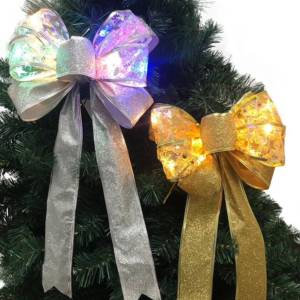 

Christmas Glitter Bow Christmas Tree Decoration Pendant LED Light Ribbon Bowknot Home Wall Hanging Party Holiday Window Layout