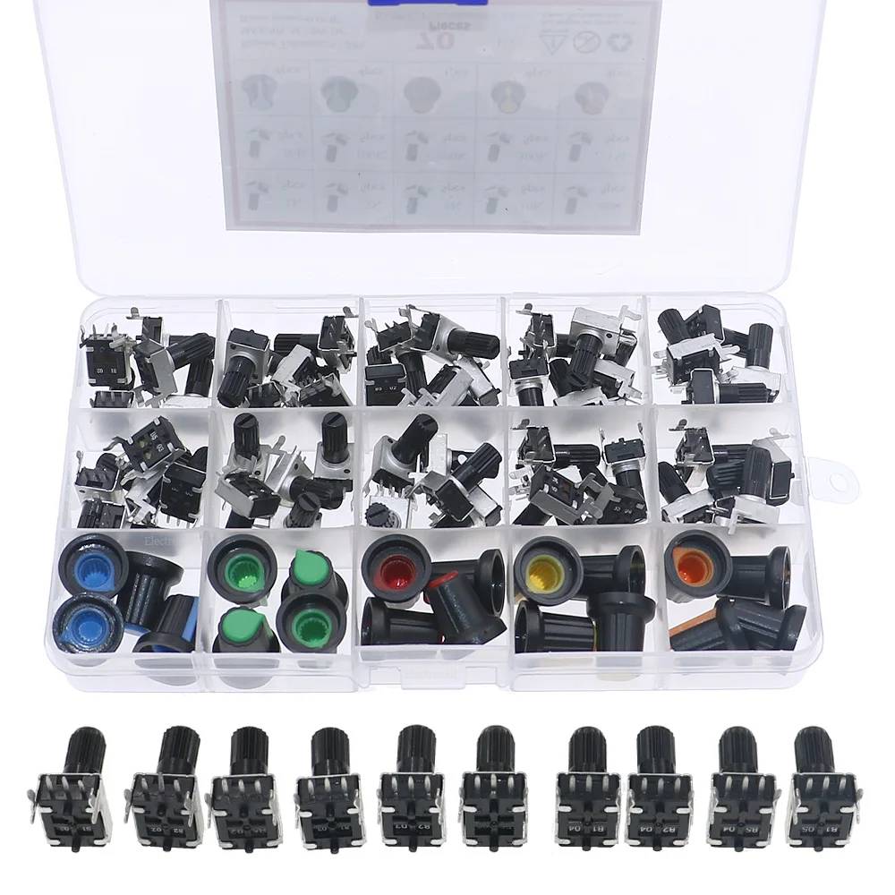 70Pcs 10Value 3Pin RV09 type Horizontal Potentiometer kit 1K 2K 5K 10K 20K 50K 100K 200K 500K 1M with knobs