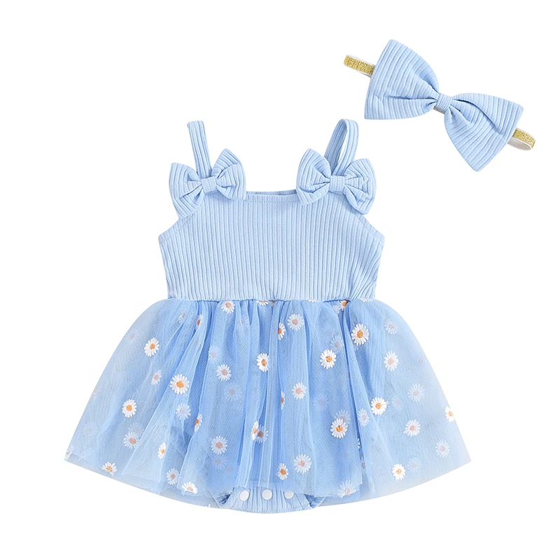 

Newborn Girl Outfit, Flower Print Sleeveless Tulle Patchwork Romper Dress with Bow Hairband Summer Clothes