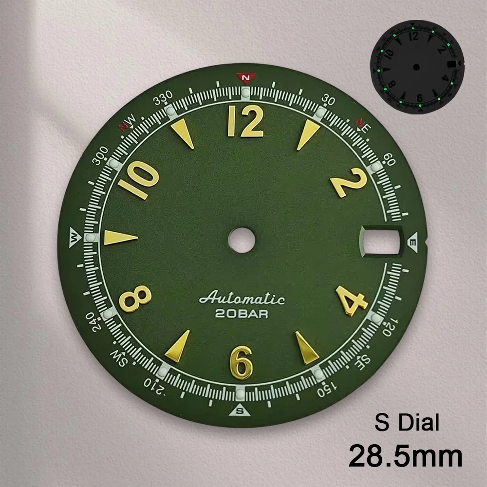 새로운 Nh35 다이얼 S 로고 28.5mm 레트로 시계 다이얼 녹색 야광 NH35 무브먼트용 시계 부품 수리 도구