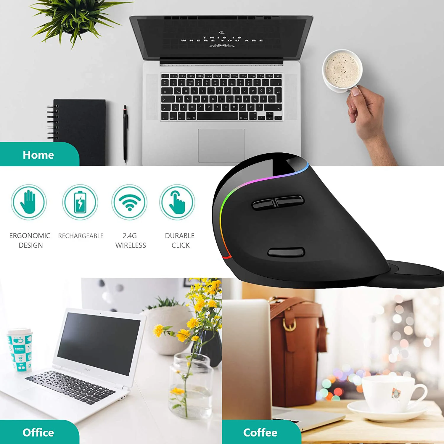 

2.4G Vertical Wireless Mouse USB Rechargeable Backlight RGB Mouse Optical 2400DPI Ergonomic Mice Gaming Mause For Office Laptop
