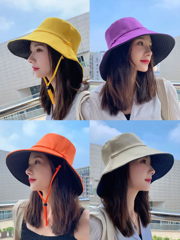 Women Bucket Hat Double-sided Big Eaves Caps Anti-UV Sun Hat For Girls  Folding Sunscreen Retro Style Floppy Wide Brim Hat