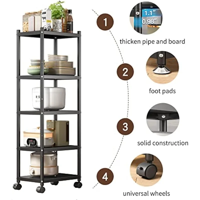 PXRACK 5 Tier Heavy Duty Storage Shelf Rack with Rolling Wheels, Adjustable Kitc