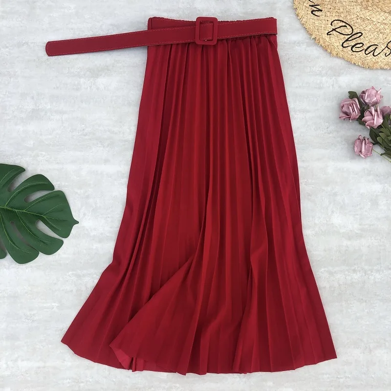 midi skirt PEONFLY New Women Fashion Belt Solid Color Pleated Midi Skirts Faldas Mujer Ladies Elegant High Waist Retro Casual Skirts golf skirt Skirts