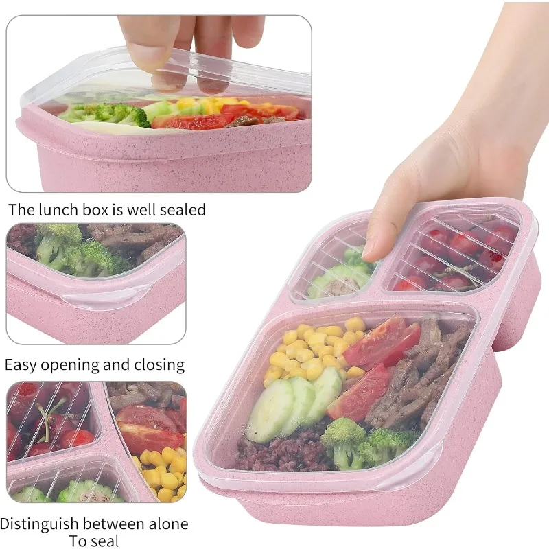 1pcs 도시락 상자 3칸 밀짚 쌀 준비 도시락 상자 투명 플라스틱 커버 식품 저장 용기