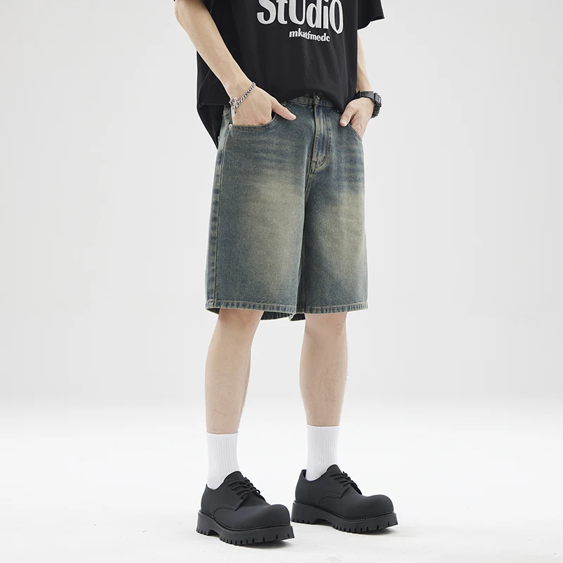 

2024Summer High Street American Retro Washed Distressed Fashion New Shorts Men's and Women's Straight Loose Jeans Cropped Pants