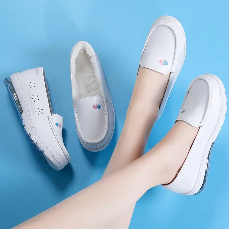 Winter New Woman Nurse Flat Shoes Fashion White Slip on Comfort