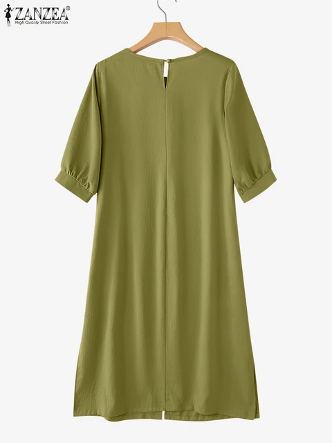 ZANZEA Estate Increspato Texture Abiti Midi Donne Girocollo Mezza Manica a Soffio Fessura-Hem Robes Femme Casual Allentato Solido Abiti 2