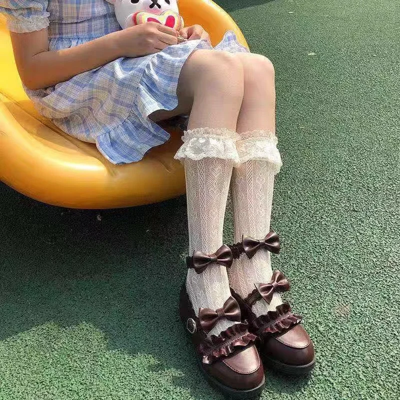 Women's Summer Spring Cotton Socks Thin White Lolita Lace Stocking Black Jk Bow Sweet Mid-leg Calf Socks Sweet Style Girls Gift 4