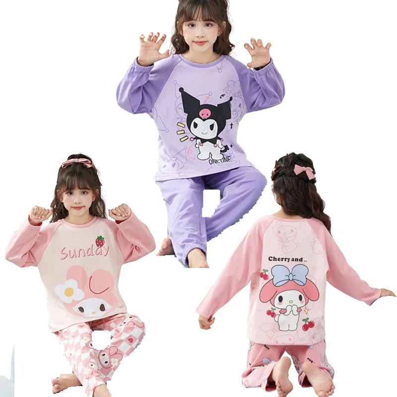 

Детский домашний Пижамный костюм Sanrios с Hello Kitty, весна-осень, мультяшный тонкий милый костюм из чистого хлопка с длинными рукавами для девочек