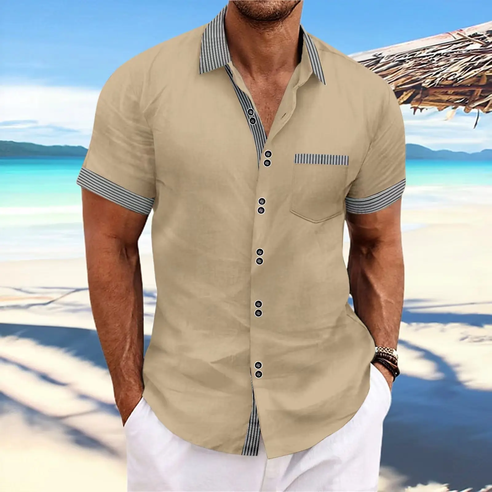 Men's Shirts Fashion Striped Double Buckle Short Sleeve Business Slim Casual