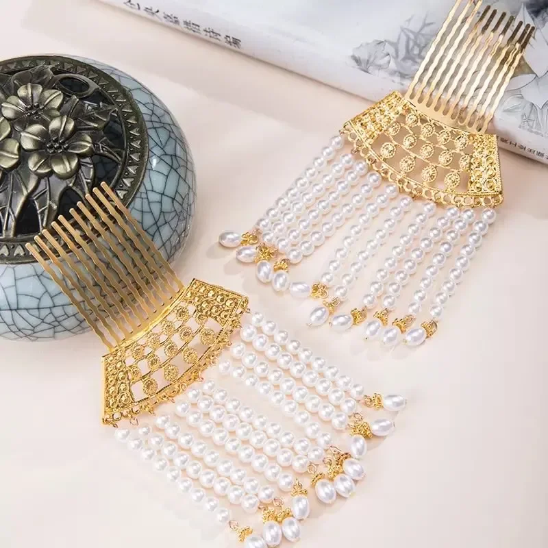 

WATER Ancient Pressure Hairpin Comb Female Insert Classical Hanfu Costume Pearl Tassel Step Chinese Hair Accessories Women