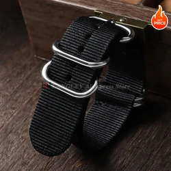 Ribbed Nylon Military - Style Watch Band with Ring Buckle - Army Green - 22mm (Black)