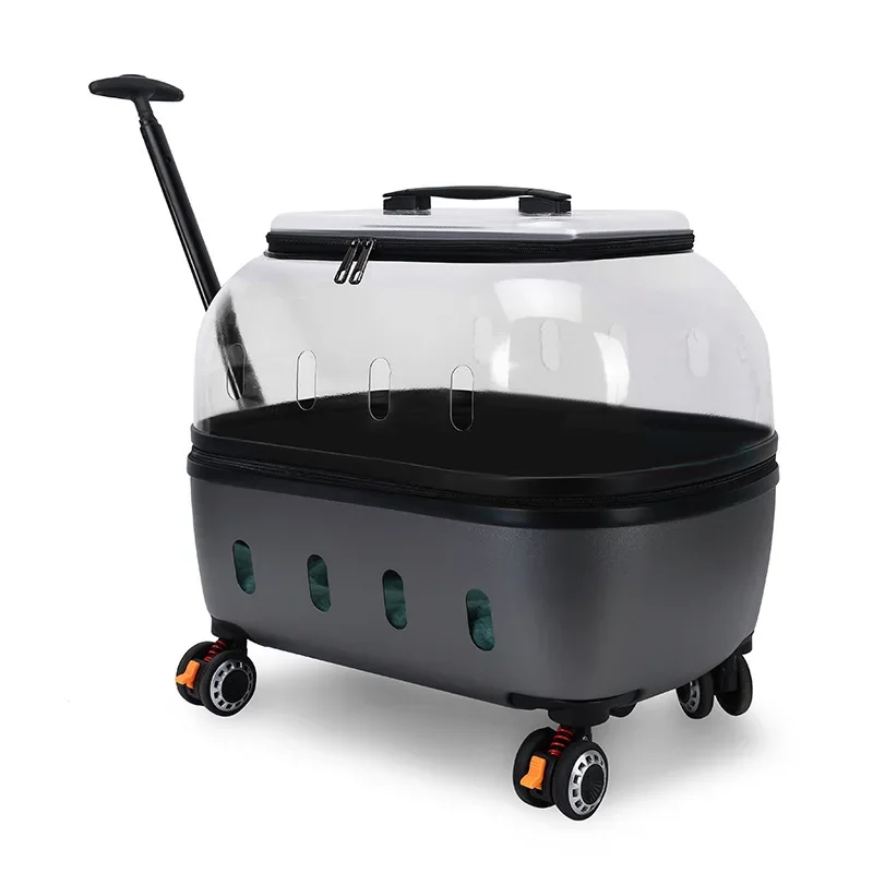 Fashion Transparent Cat Cage Large Capacity Pet Suitcase Breathable Cat Carriers Pull Rod/Handheld Dual Use Transport Cart