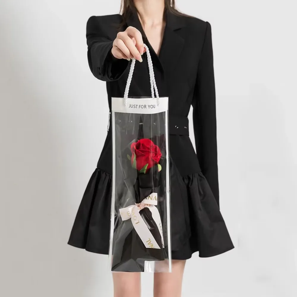 10 Stück Neue Transparente Blumenstrauß-Geschenktüten mit Griff Dekorative Blumenverpackungsbeutel Partyzubehör Blumen-Einwickeltaschen – Detail 10