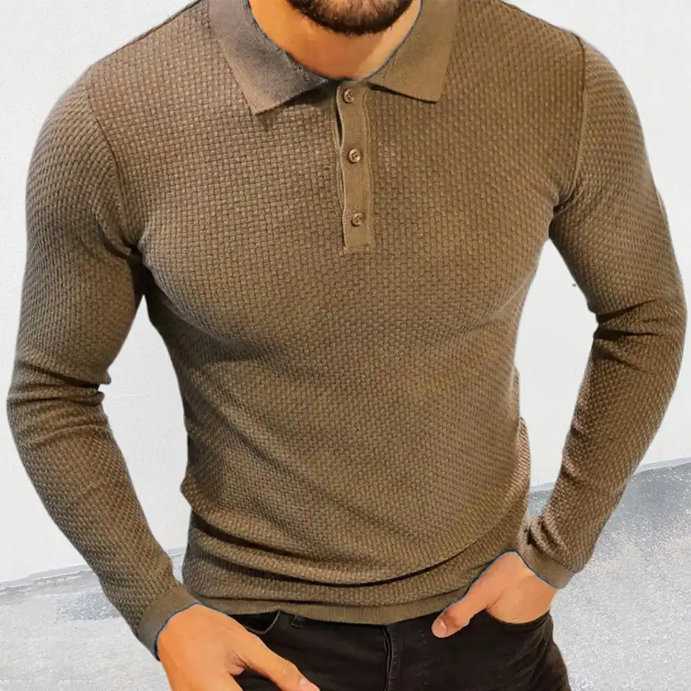 

Men Slim Fit Waffle Textured Top Waffle Textured Lapel T-shirt Men's Autumn Winter Knit Tops Lapel Buttons Solid for Stylish
