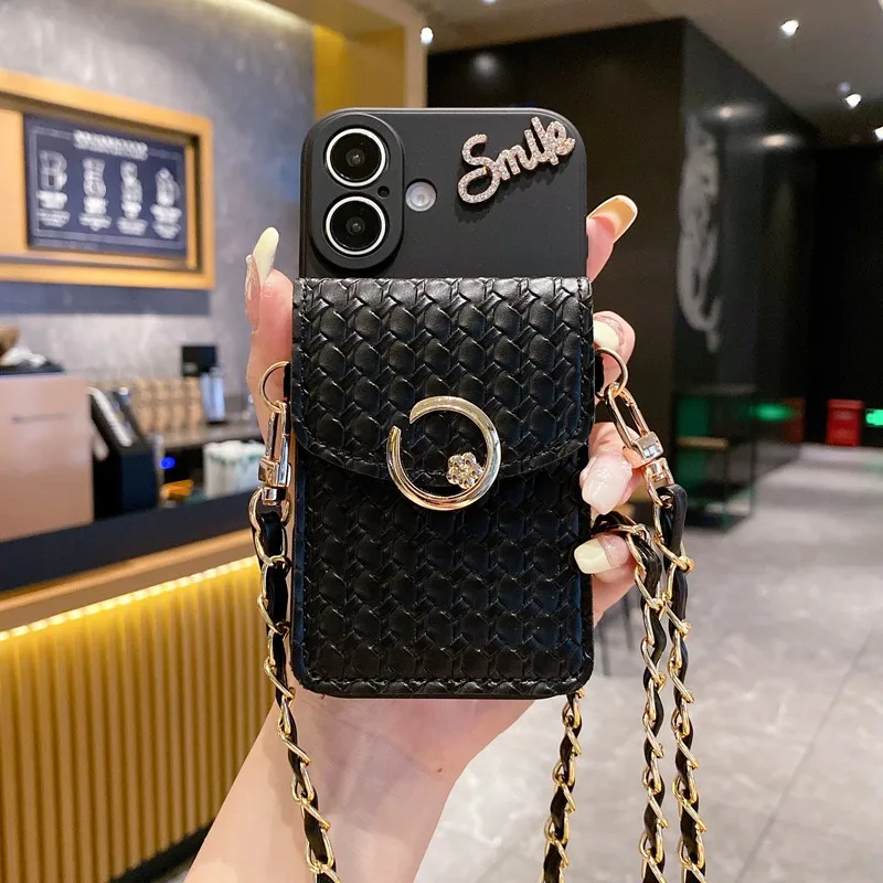 Luxury Woven Wallet Card Holder Phone Case with Crossbody Strap & Lanyard