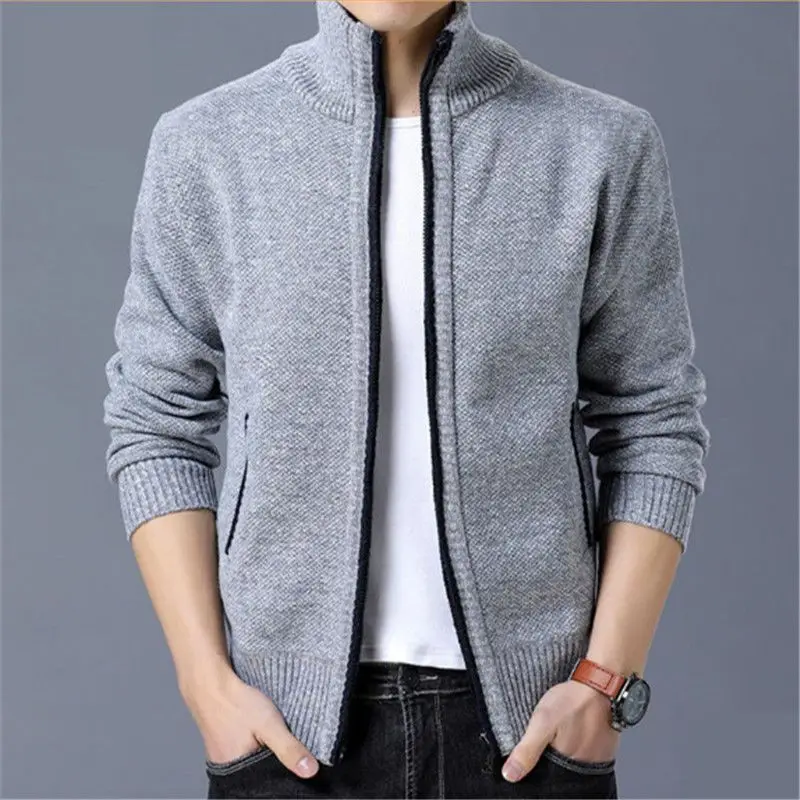 Autumn Winter Stand Collar Oversized Add Velvet Thick Warm Cardigan Sweater Men Loose Casual Zipper Knitted Coat Male Ouwear Top
