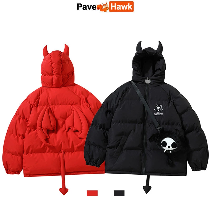 Hip Hop Parkas Men High Street Devil Horns Wing+tail Hooded Padded
