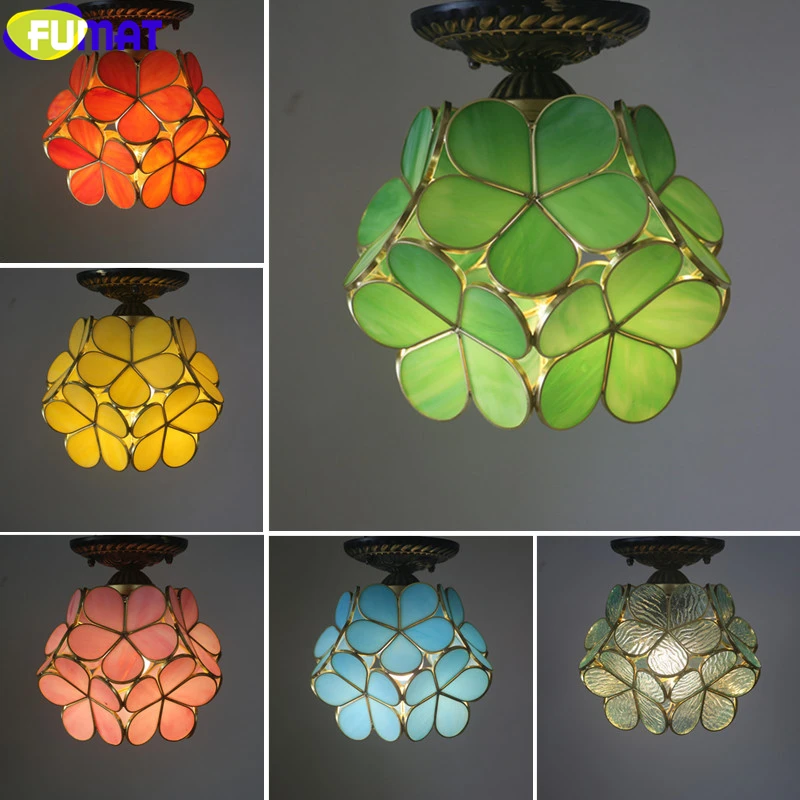 

FUMAT Tiffany Style Flower Petal Ceiling Lamp Stained Glass Red Yellow Pink Green White Color Handcraft Arts Home Decor Retro