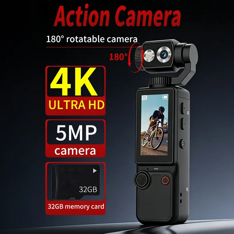 4K 울트라 HD 포켓 액션 카메라 180 ° 회전 가능한 2인치 화면 WiFi 스포츠 카메라, 브이로그 여행 야외 활동 기록용 스탠드 포함